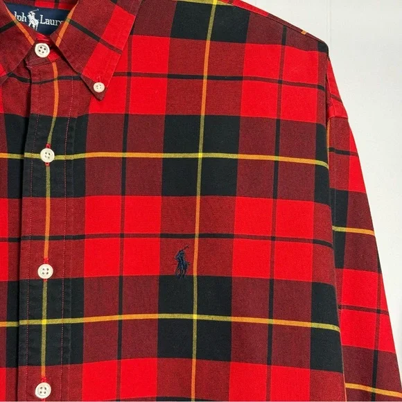 [SOLD!] Vtg 90's Men's Ralph LaurenRed Plaid Flannel Oxford Button Down Shirt XL - Picture 7 of 10